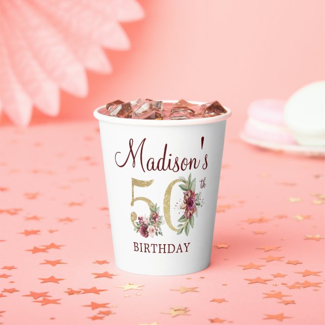 50th Birthday Personalized Burgundy Gold Floral Paper Cups (Insitu)