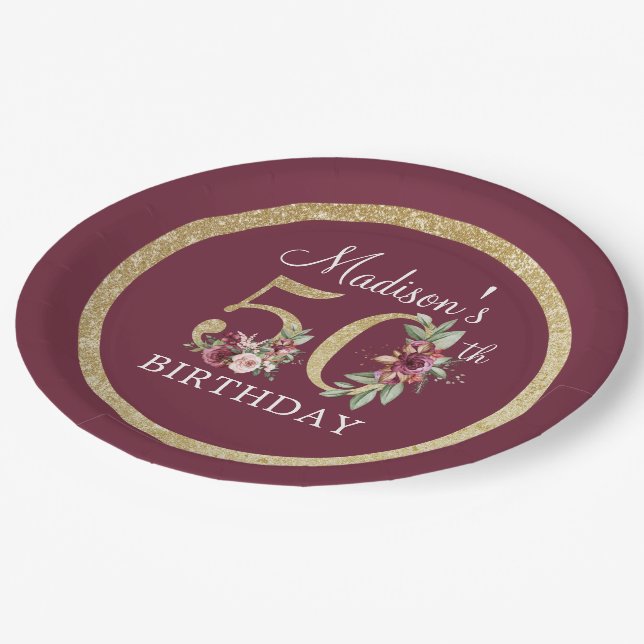 50th Birthday Personalized Burgundy Gold Paper Plates (Angled)