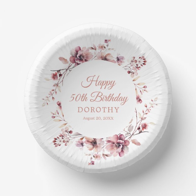 50th Birthday Personalized Burgundy Pink Floral Paper Bowls (Front)