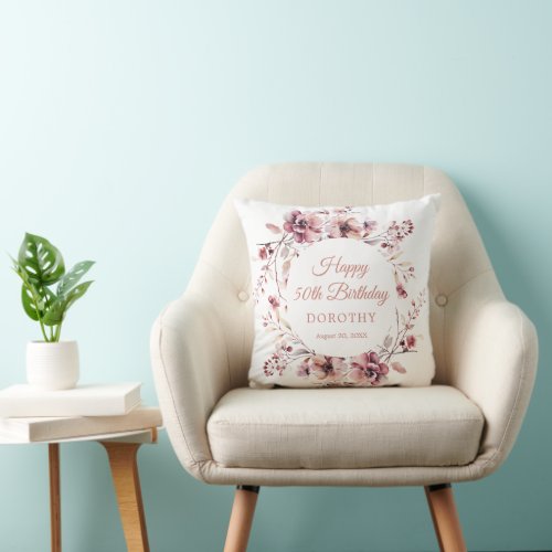 50th Birthday Personalized Burgundy Pink Floral Throw Pillow