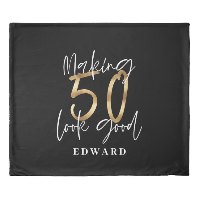 50th birthday personalized favor gift black gold duvet cover (Front)