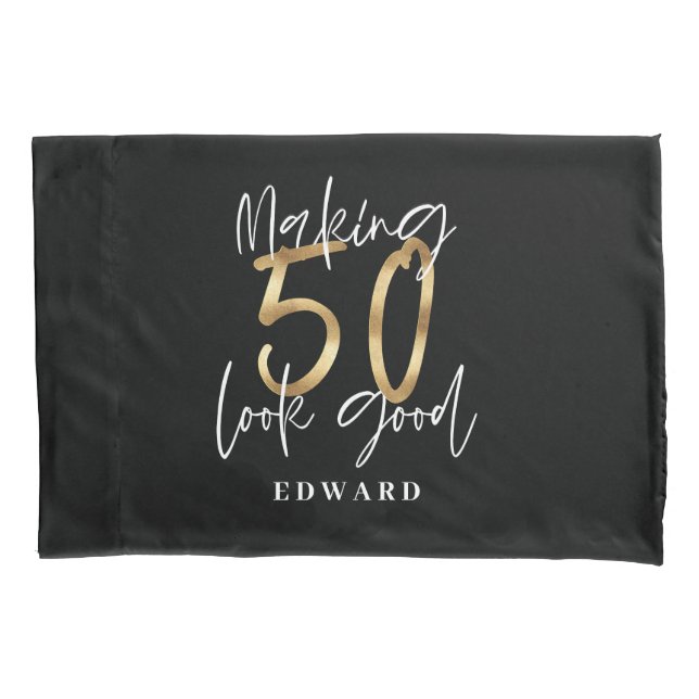 50th birthday personalized favor gift black gold pillow case (Front)
