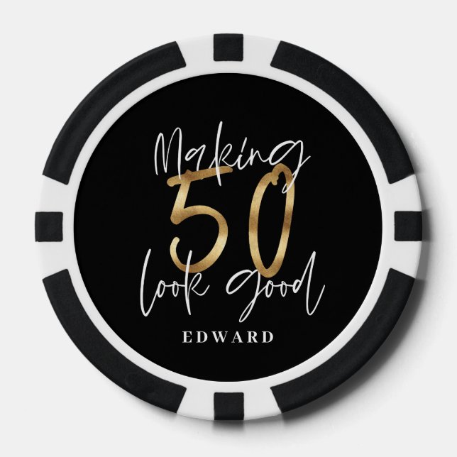 50th birthday personalized favor gift black gold poker chips (Front)