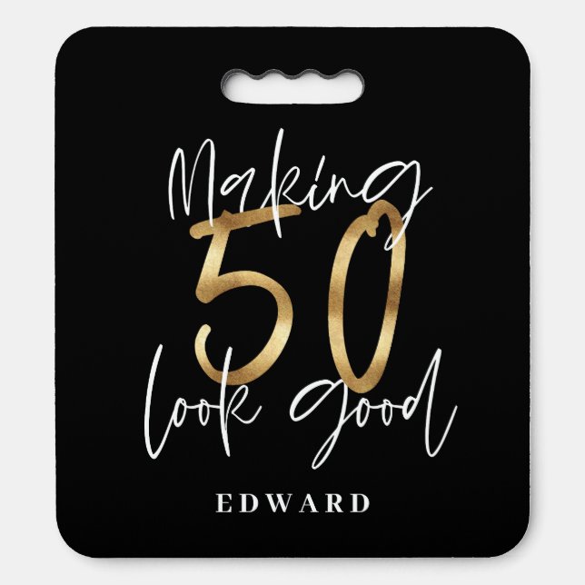 50th birthday personalized favor gift black gold seat cushion (Front Vertical)