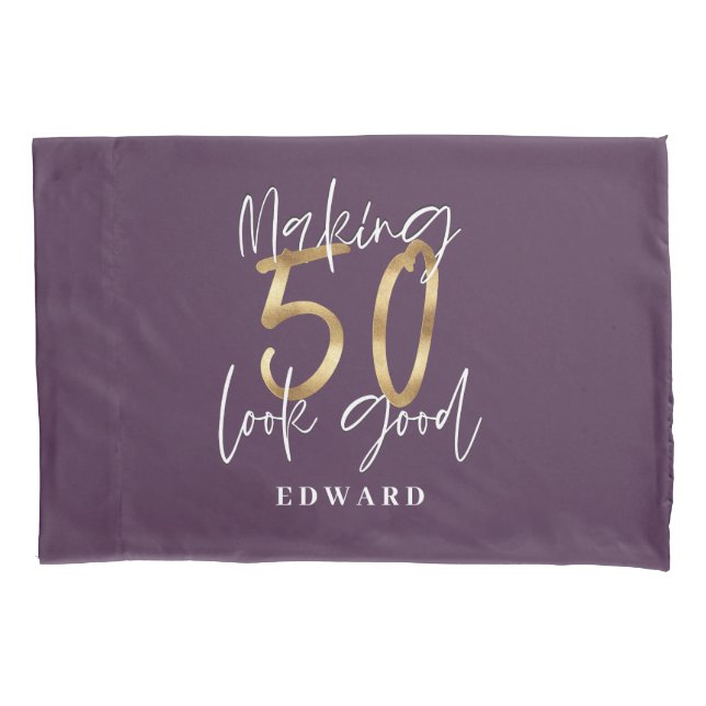 50th birthday personalized favor gift purple gold pillow case (Front)