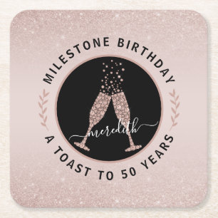 50th Birthday Personalized Glitter Champagne Toast Square Paper Coaster