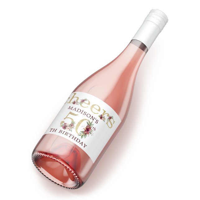 50th Birthday Personalized Gold Floral Sparkling Wine Label (Creator Uploaded)