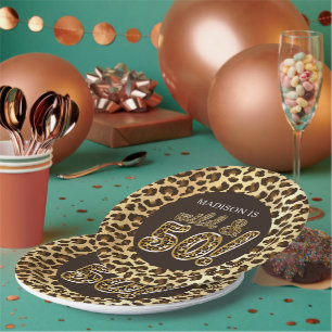 50th Birthday Personalized Leopard Foil Balloon Paper Plates