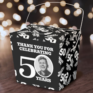 50th birthday personalized photo black white favor boxes