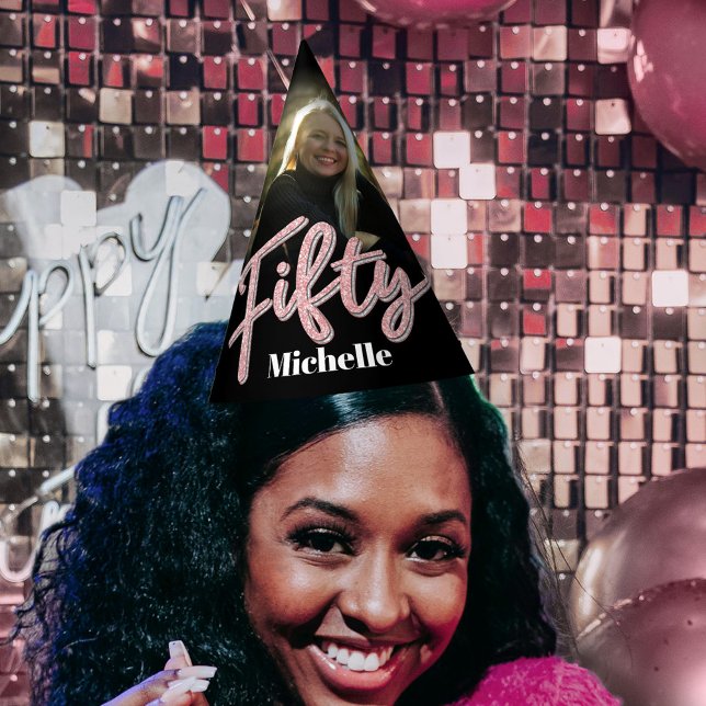 50th birthday personalized photo glitter pink name party hat (Creator Uploaded)