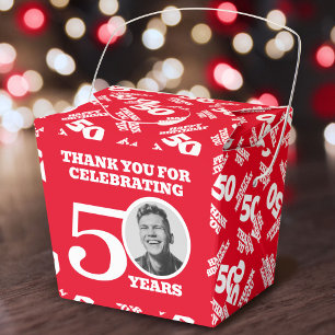 50th birthday personalized photo red white favor boxes