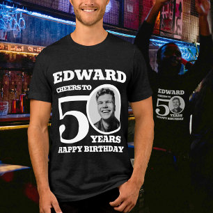 50th Birthday photo and name white text Tri-Blend Shirt