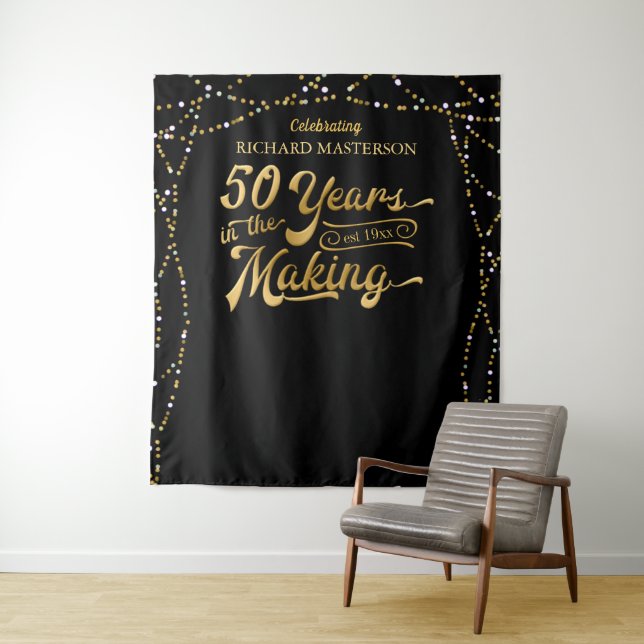50th Birthday Photo Backdrop Black and Gold (In Situ)
