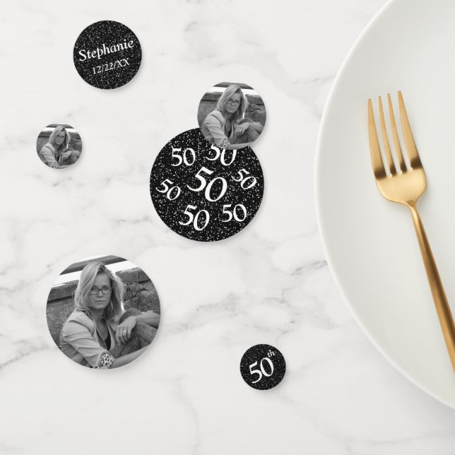 50th Birthday Photo Black Glitter Table Confetti (Group)