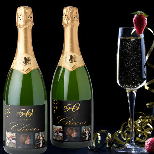 50th birthday photo black gold cheers script sparkling wine label