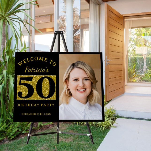 50th Birthday Photo Black Gold Glitter Welcome Foam Board ("Elevate your party with our a glitzy 50th Birthday Photo Welcome Sign.")