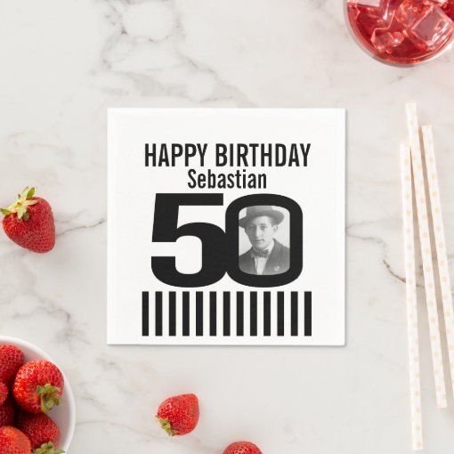 50Th Birthday Photo Black Stripe Photo Napkins | Zazzle