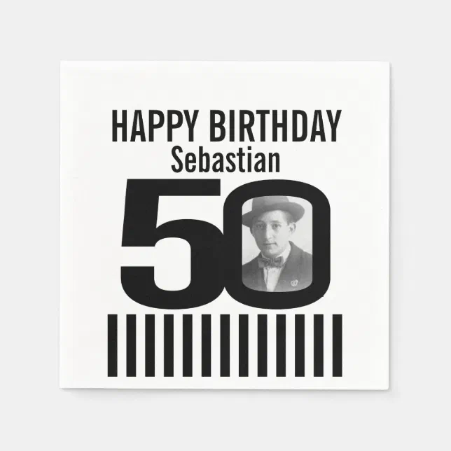 50Th Birthday Photo Black Stripe Photo Napkins | Zazzle