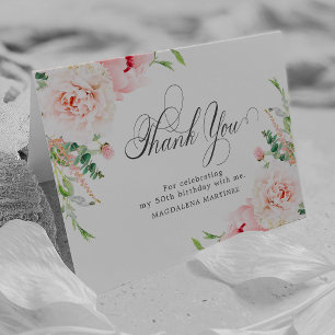 50th Birthday Photo Blush Pink Floral Folded Letterpress Thank You Card