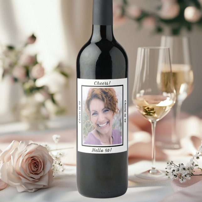 50th birthday photo cheers 50 years women wine label (Creator Uploaded)