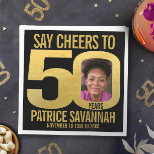 50th birthday photo cheers black and gold napkins
