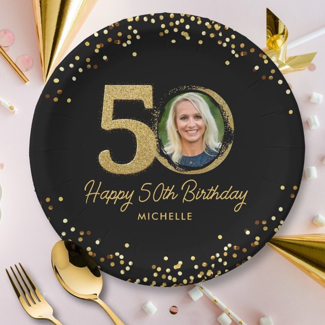 50th Birthday Photo Chic Black Gold Glitter Custom Paper Plates (Creator Uploaded)