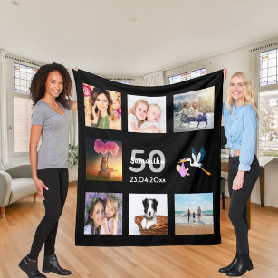 50th birthday photo collage black fleece blanket