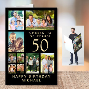 50th Birthday Photo Collage Black Gold Jumbo Card
