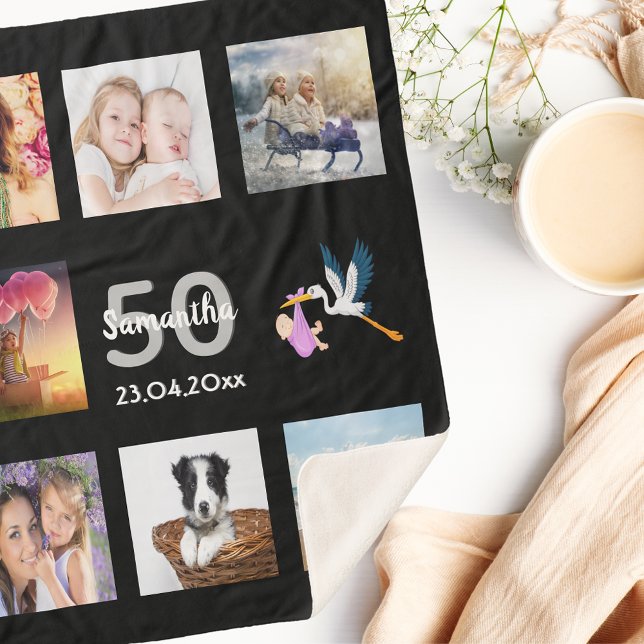 50th birthday photo collage black sherpa blanket (Creator Uploaded)