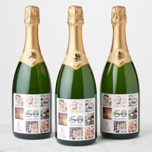 50th birthday photo collage cheers name sparkling wine label