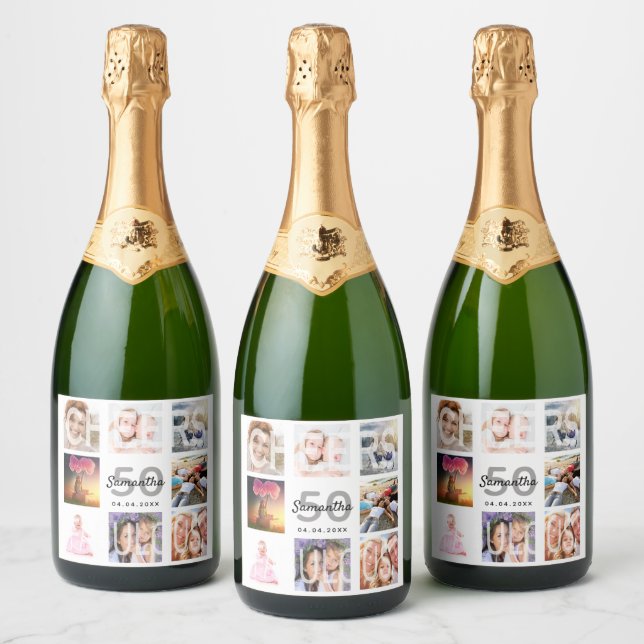 50th birthday photo collage cheers name sparkling wine label (Bottles)