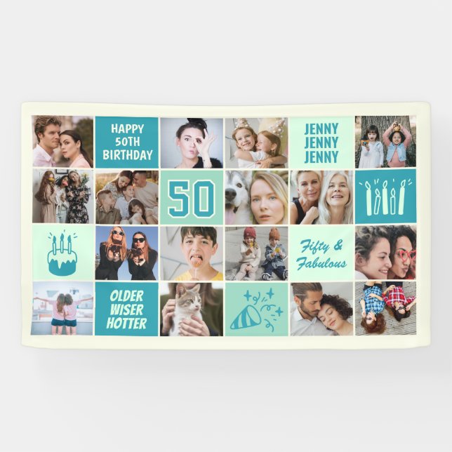 50th Birthday Photo Collage Custom Mint Green Teal Banner (Horizontal)
