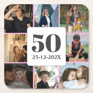 50th Birthday Photo Collage Guy Men Milestone Square Paper Coaster