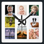50th birthday photo collage guy square wall clock<br><div class="desc">A wall clock as a gift for a 50th birthday for a guy,  celebrating his life with a collage of 8 of your own photos.  Templates for a name,  age 50 and a date.  Date of birth or the date of the anniversary.  Black colored letters.  White background.</div>