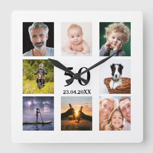 50th birthday photo collage guy square wall clock