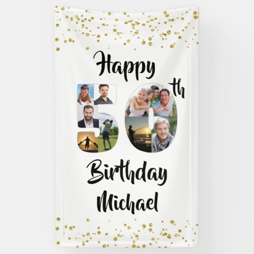 50th Birthday Photo Collage Numbers Confetti Gold Banner