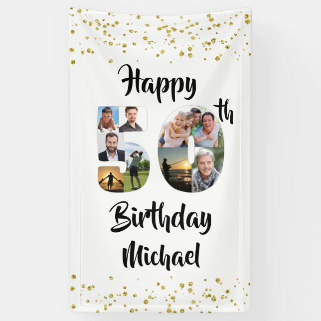50th Birthday Photo Collage Numbers Confetti Gold Banner (Vertical)