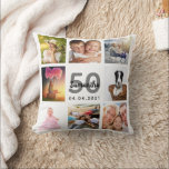 50th birthday photo collage woman white throw pillow<br><div class="desc">A unique gift for a womans 50th birthday, celebrating her life with a collage of 8 of your own photos, pictures. Personalize and add her name, age 50 and a date. A chic white background. Gray and black letters and numbers. The name is written with a modern hand lettered style...</div>