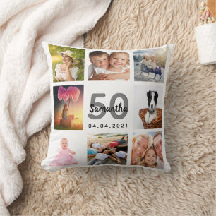50th birthday photo collage woman white throw pillow