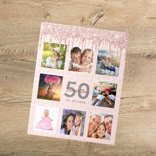 50th birthday photo glitter drips rose gold pink jigsaw puzzle