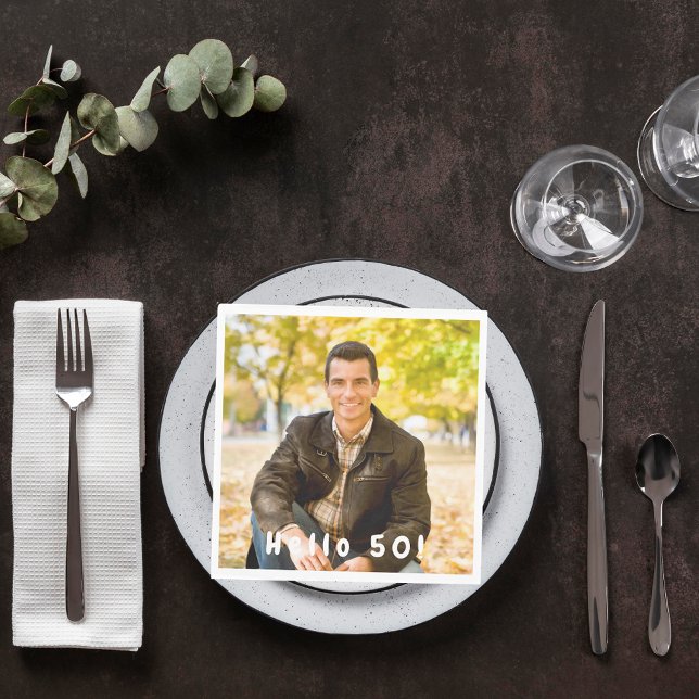 50th birthday photo hello 50 guys men luncheon napkins (Creator Uploaded)