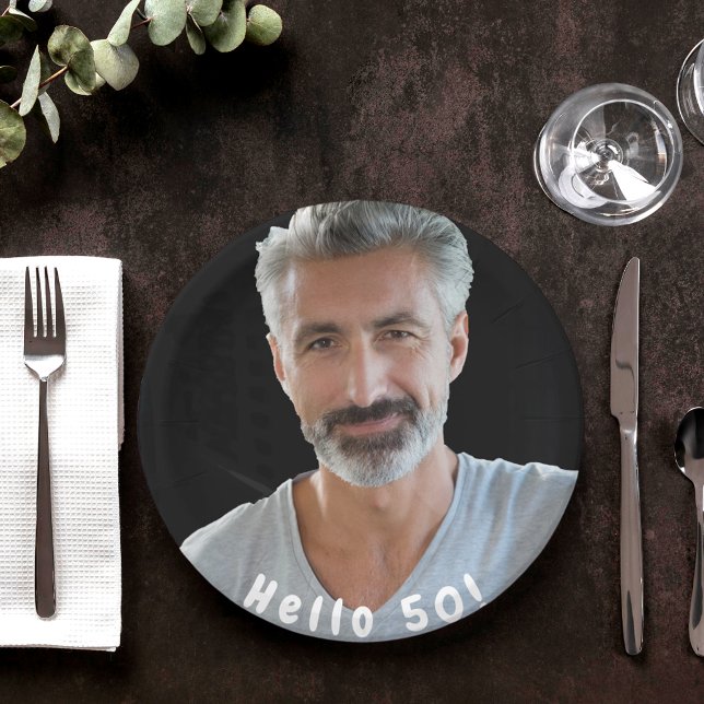 50th birthday photo hello 50 guys men paper plates (Creator Uploaded)