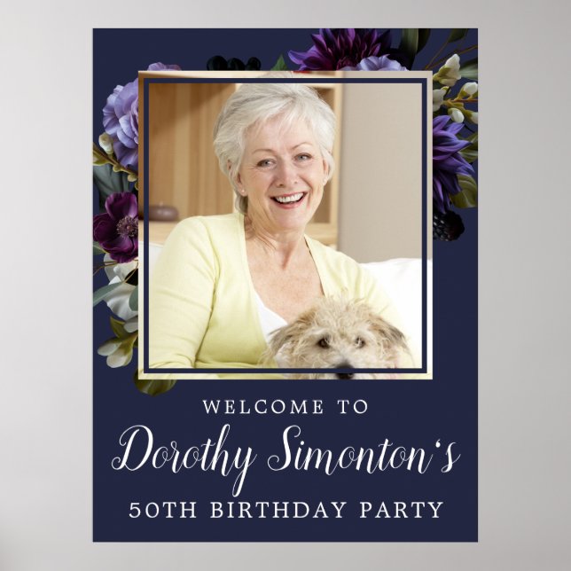 50th Birthday Photo Moody Purple Floral Welcome Poster (Front)