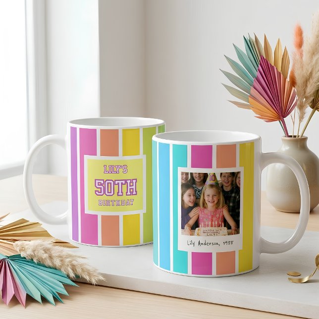 50th Birthday Photo Multicolor Stripe Coffee Mug (Creator Uploaded)