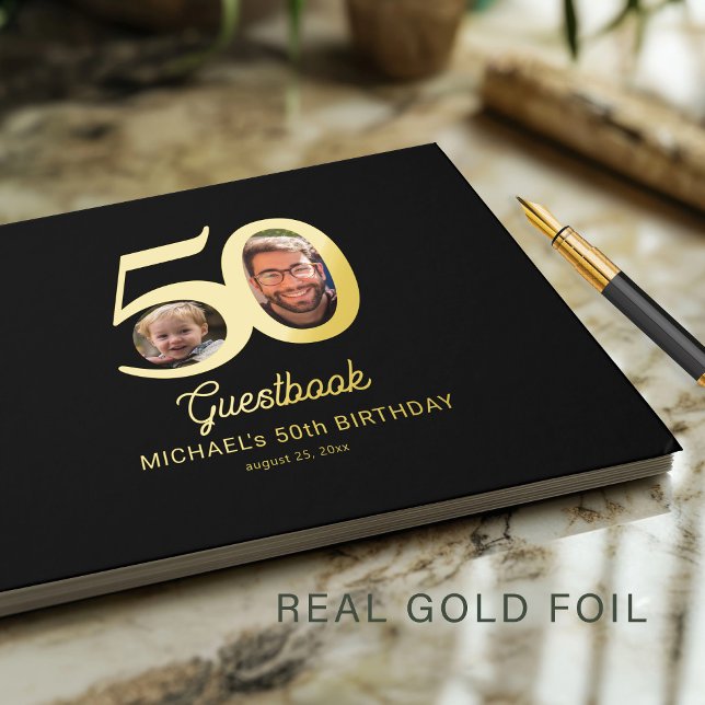 50th Birthday photo name black gold  Foil Guest Book (Creator Uploaded)