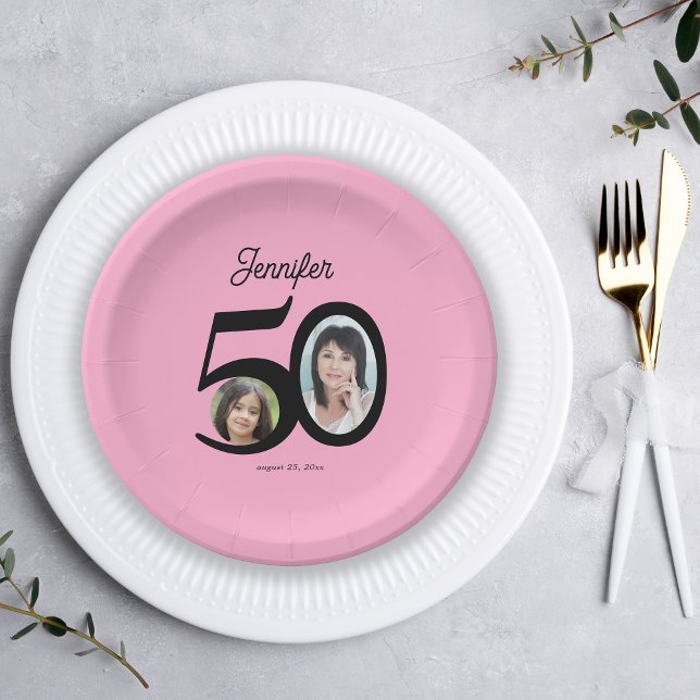 50th Birthday photo name personalized pink black Paper Plates (Creator Uploaded)