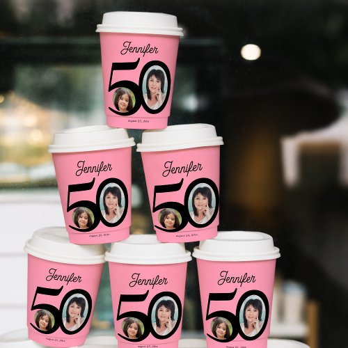 50th Birthday photo name personalized pink Paper Cups