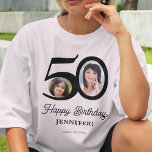 50th Birthday photo name personalized T-Shirt<br><div class="desc">Trendy bold typography 50 years woman birthday funny personalized light t-shirt template with 2 photos and modern retro style black script. Easy to customize with your text and pictures.</div>
