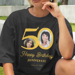 50th Birthday photo name personalized T-Shirt<br><div class="desc">Trendy bold typography 50 years woman birthday funny personalized dark t-shirt template with 2 photos and modern retro style gold script. Easy to customize with your text and pictures.</div>