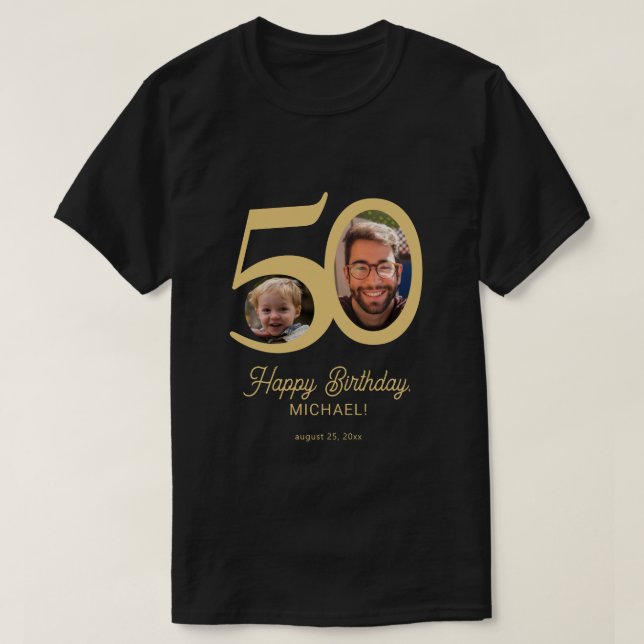 50th Birthday photo name personalized  T-Shirt (Design Front)